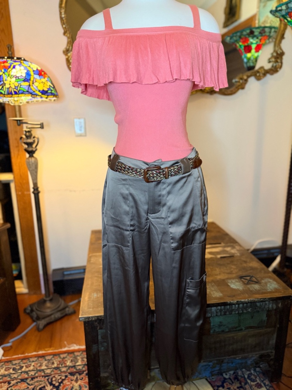 Outfit-Sweater Knit Tank w/Wide-Leg Satin Cargo Pant in Dark Taupe w/Belt